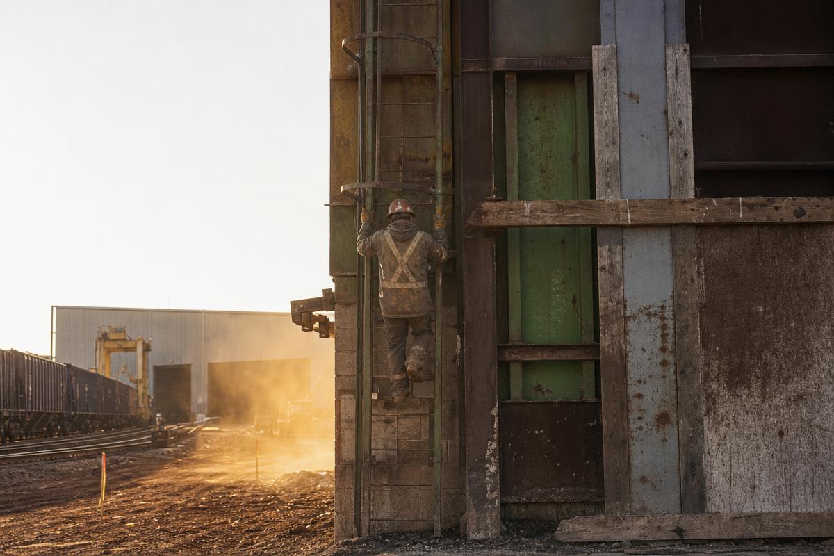 Skilled worker looking toward the horizon at an industrial site.