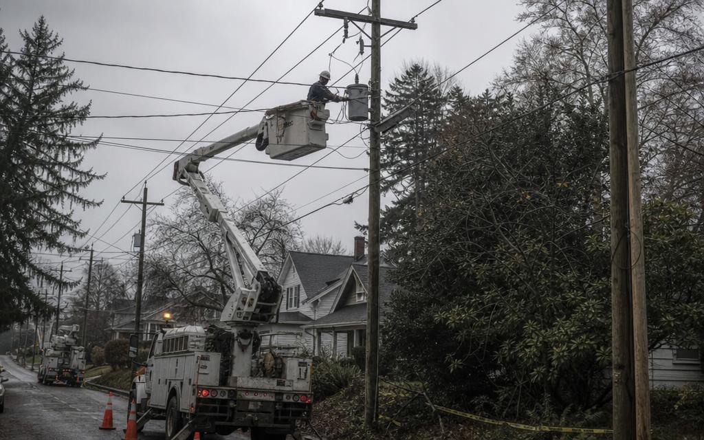 Distribution lineman working from a bucket truck on neighborhood power lines.