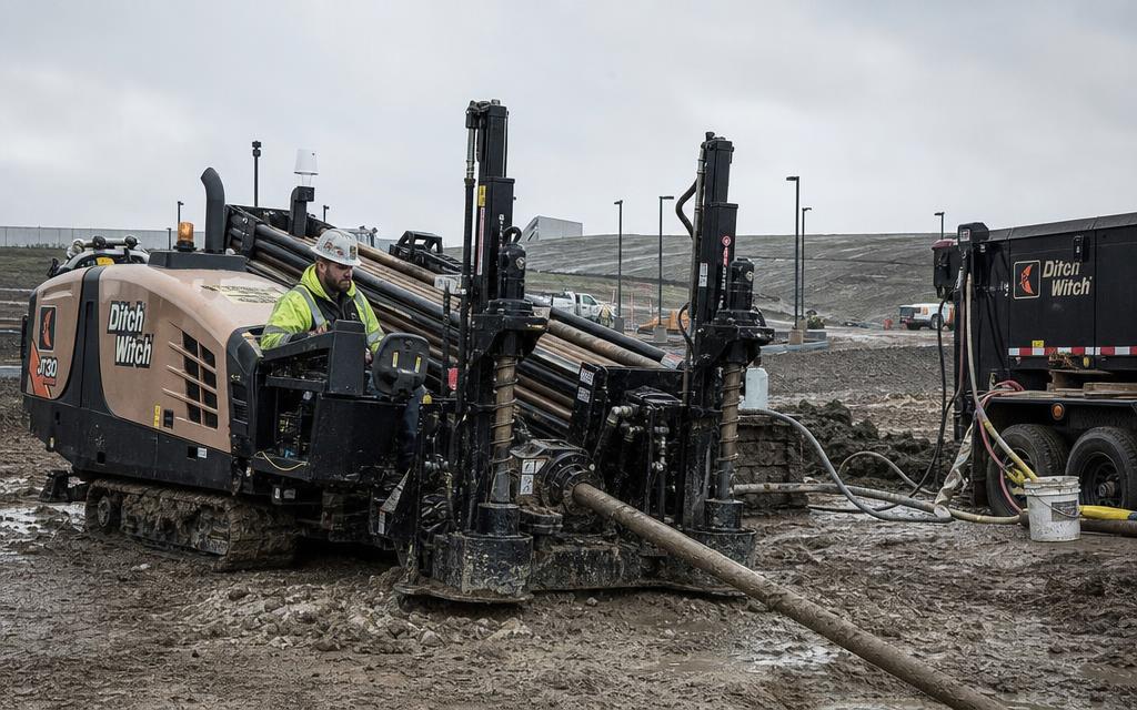 Directional drill operator running a large HDD rig on a utility job site.