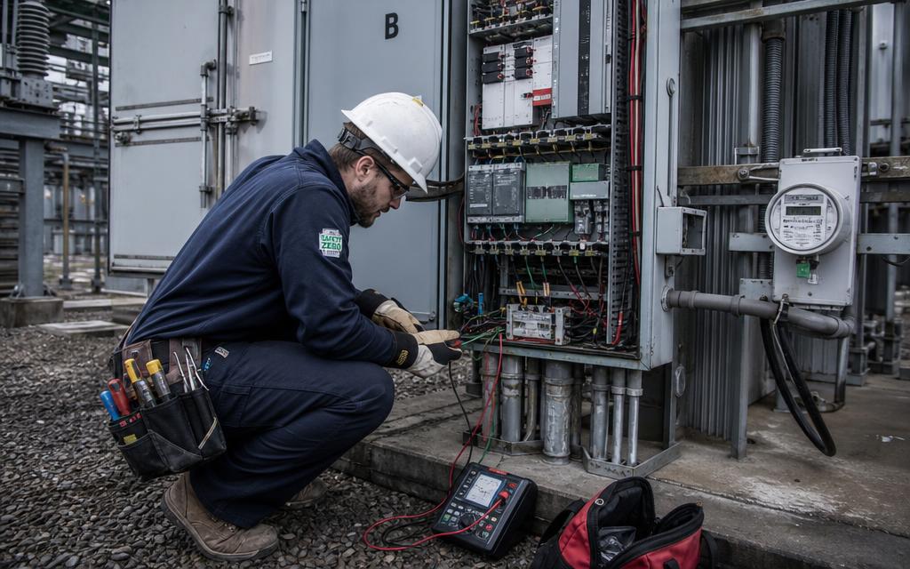 Field services technician testing electrical controls at a substation.