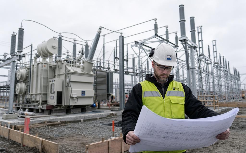 Project engineer reviewing blueprints at a substation construction site.