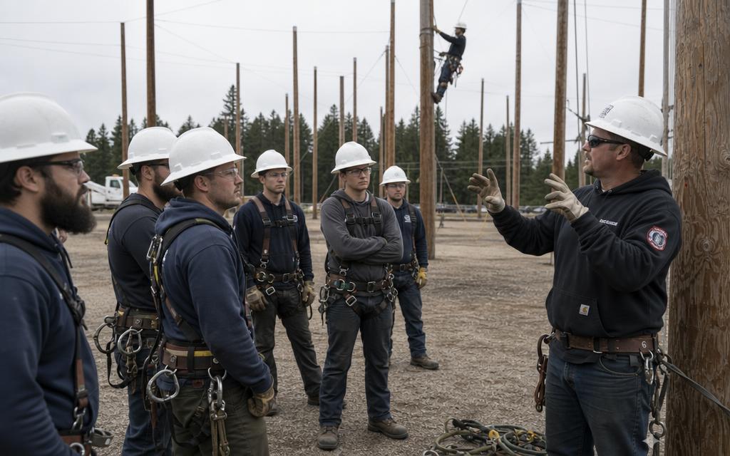Training specialist instructing apprentice linemen at a climbing yard.