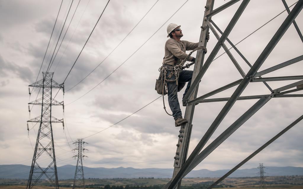 Transmission lineman climbing a high-voltage lattice tower.