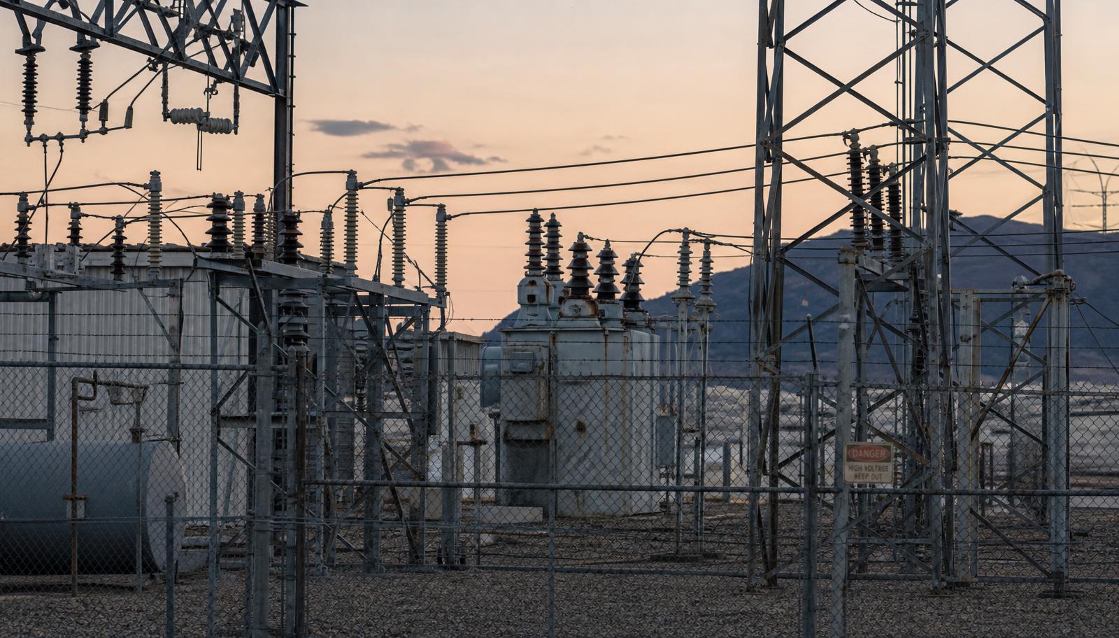 Electrical substation silhouetted at dusk